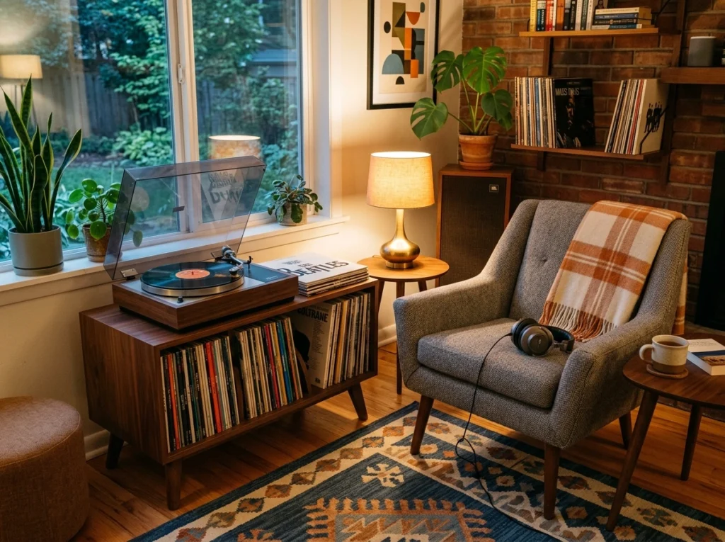 13. The Record Player Station with Mid-Century Accent Seating