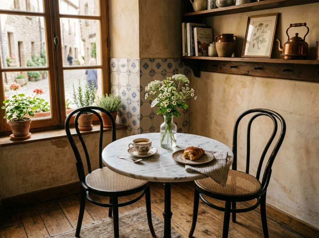 13. European-Style Cafe: Bentwood Chairs and White Marble