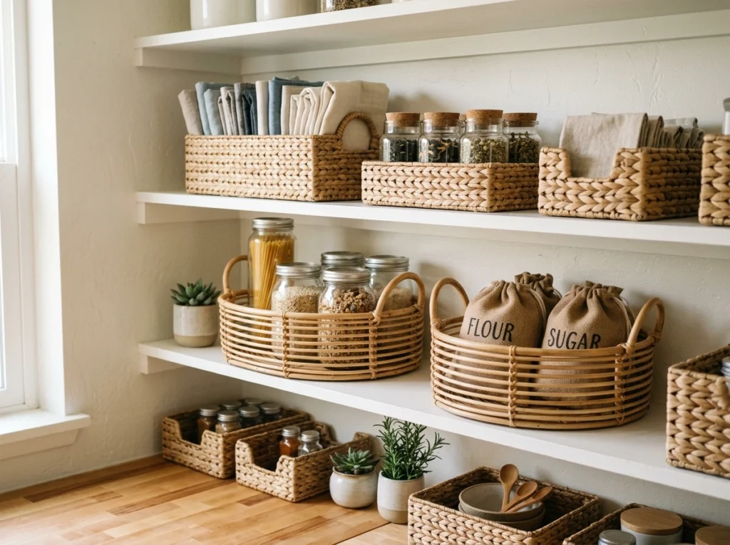13. Woven Rattan or Seagrass Storage Baskets