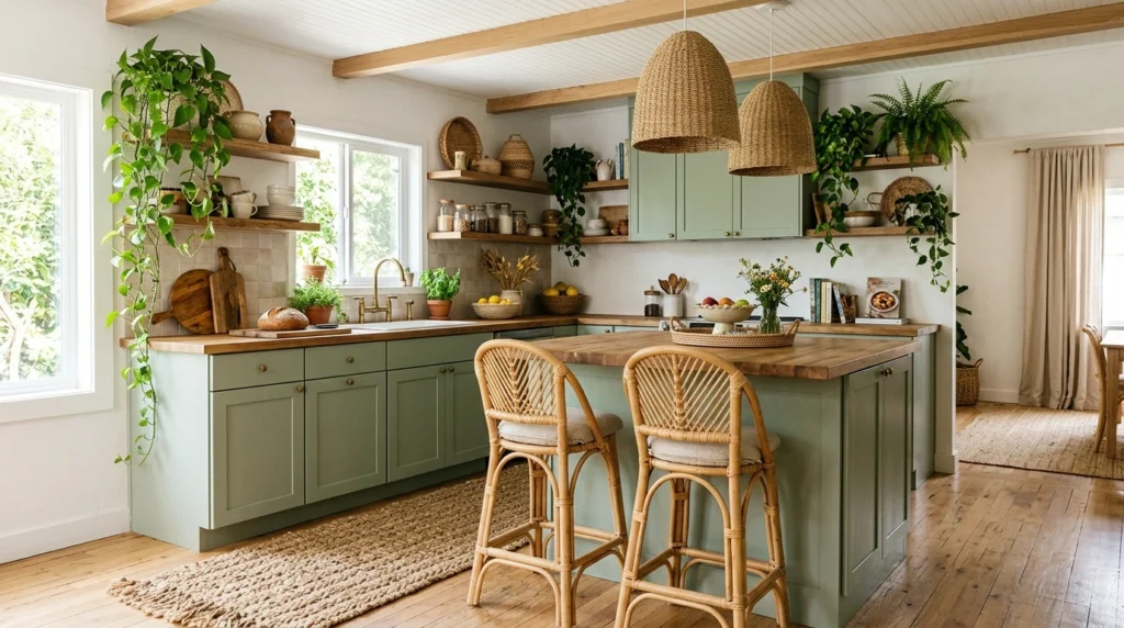 13. Bohemian Boho Sage Kitchen with Rattan and Woven Textures