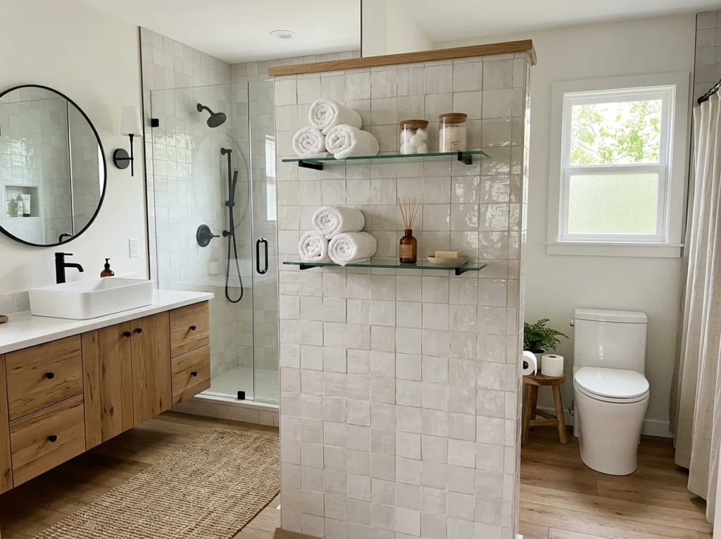 13. The Half-Wall Privacy Partition with Glass Shelving