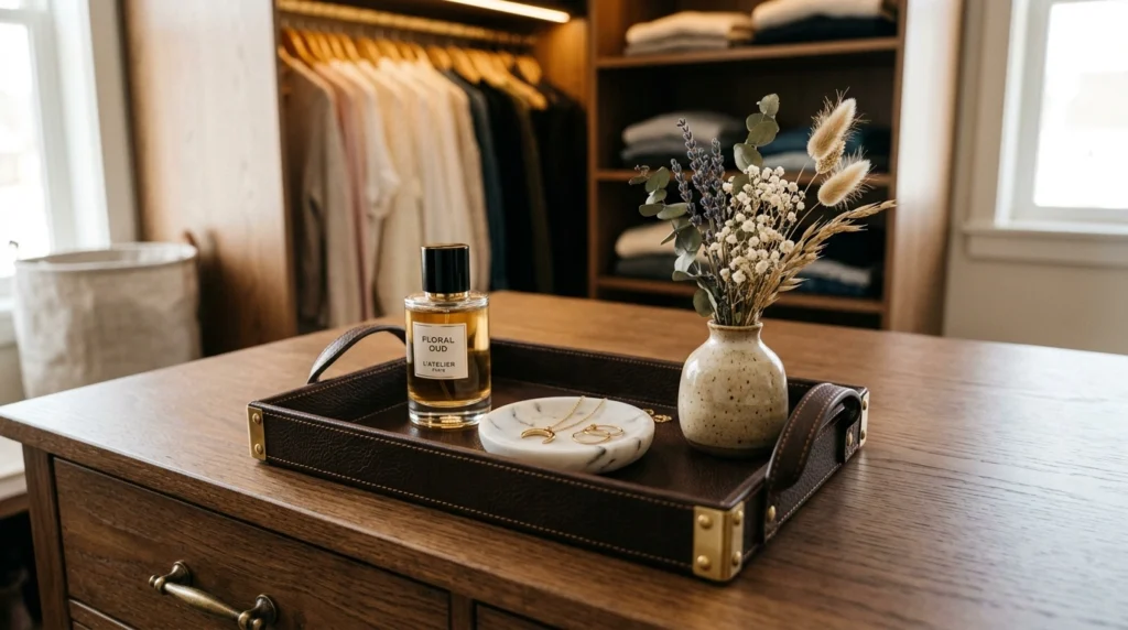 13. A Styled Accessory Tray on an Island or Dresser Top