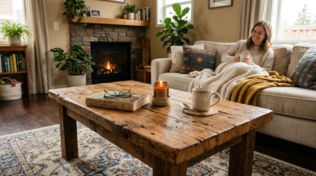 14. Reclaimed Wood Coffee Tables with Character Marks