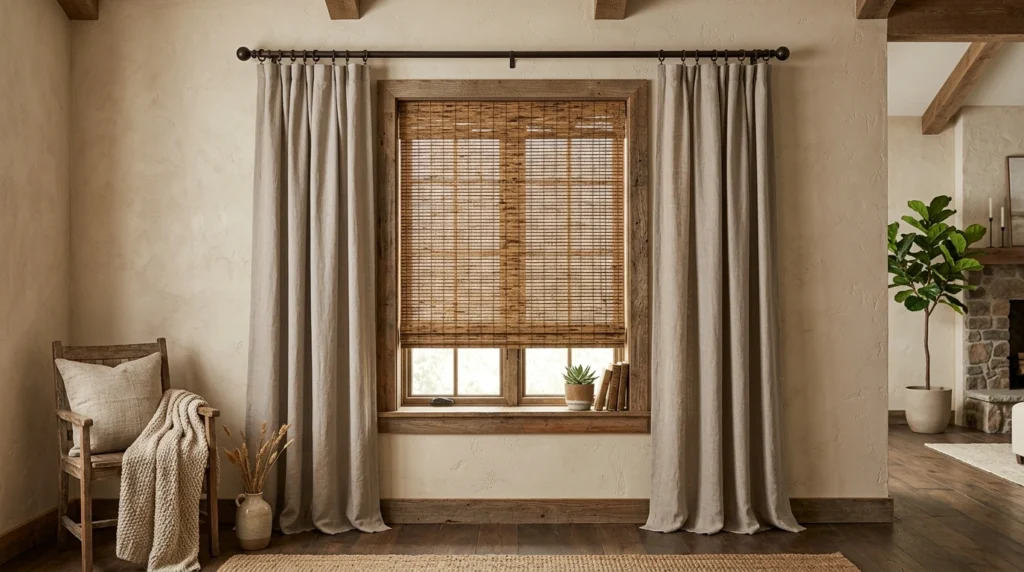 14. Soft Muted Taupe Panels Layered Over Bamboo Blinds