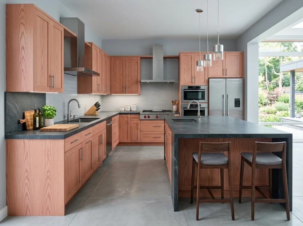 14. Red Oak Cabinets Balanced with Cool Slate Gray Elements