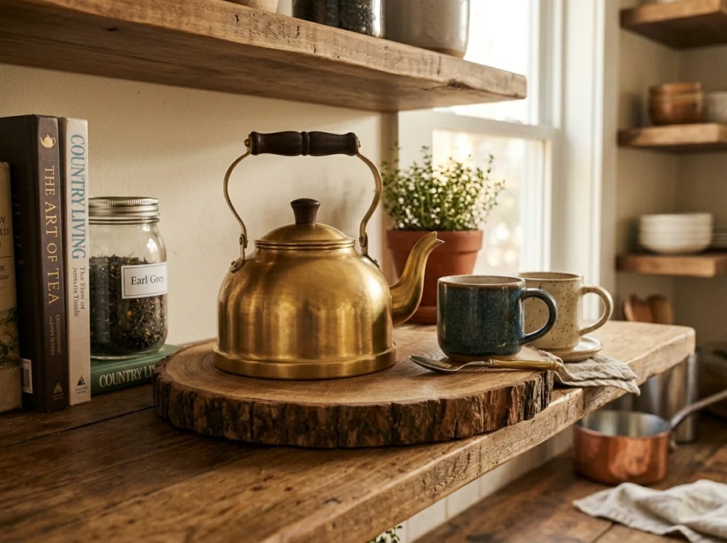 14. Classic Brass Tea Kettle on a Warm Wooden Trivet