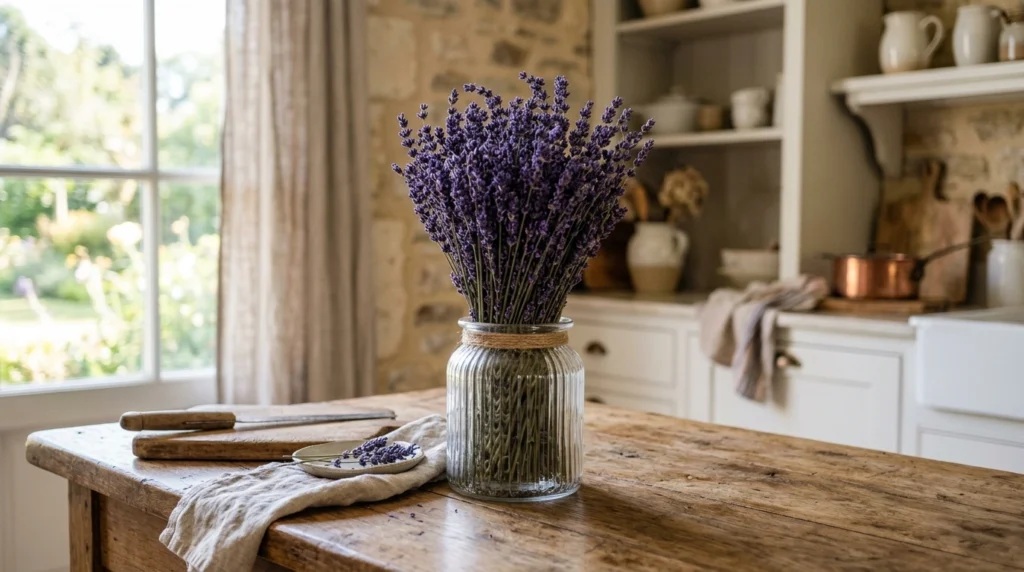 14. The Dried Lavender Bundle in a Ribbed Glass Vessel