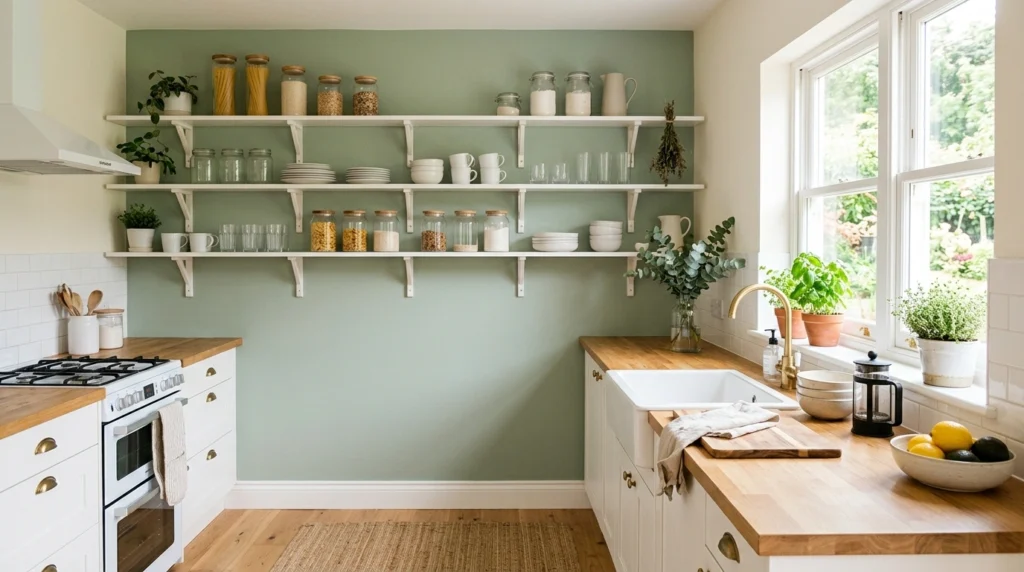 14. Soft Sage Accent Wall Behind Open White Shelving