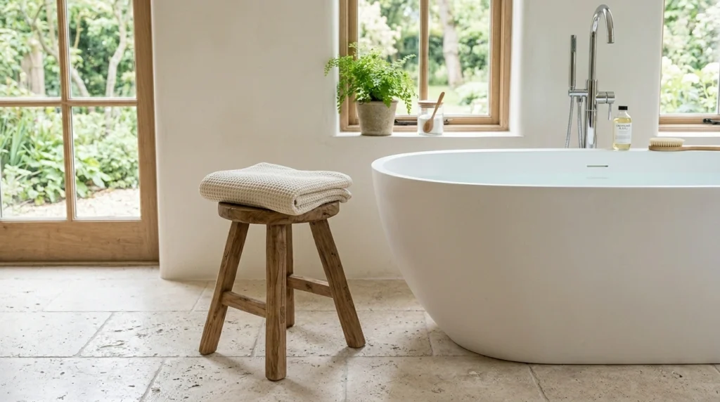 14. A Low Woven Cotton Bench or Wooden Stool