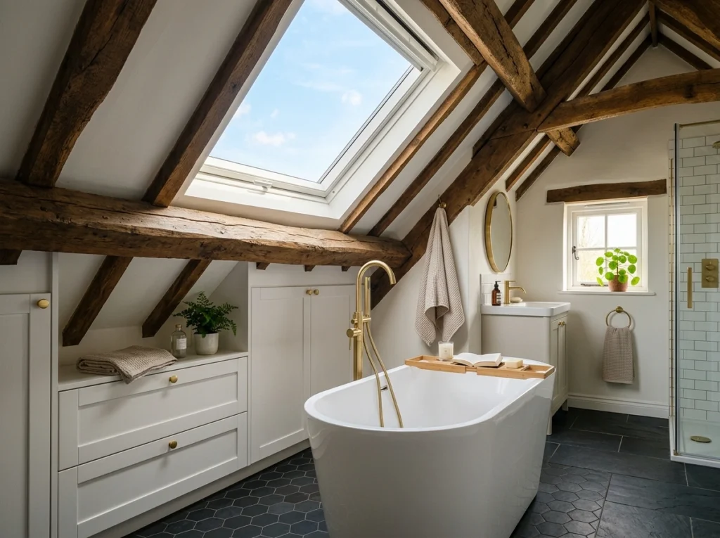 14. The Under-Eaves Attic Bathroom with Low Storage Drawers