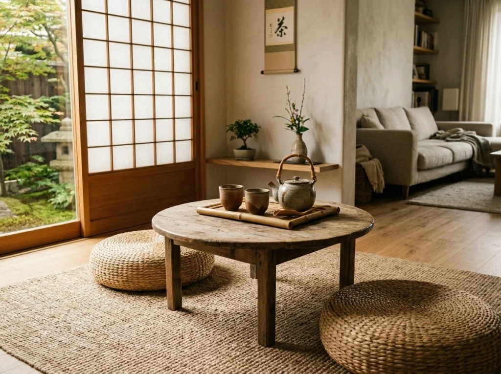 15. The Tea Lover's Corner with a Low Table and Soft Poufs