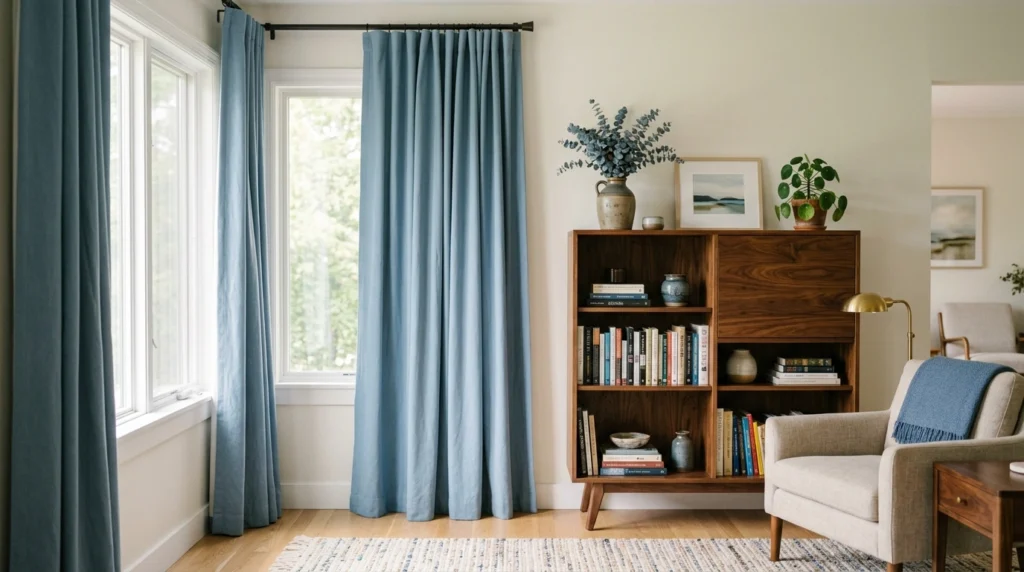 15. Dusty Blue Drapes Against Warm Wood Accents