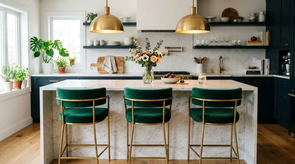 15. Emerald Green Velvet Bar Stools and Brass Pendants