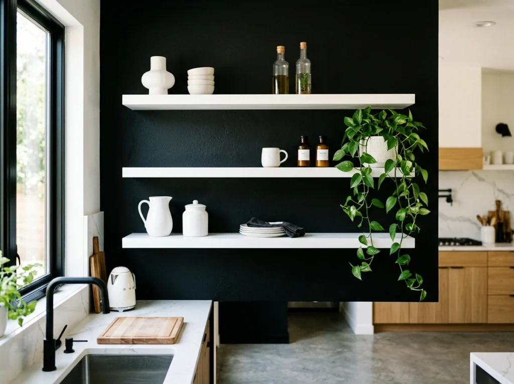 15. The Deep Black Accent Wall with Floating White Shelves