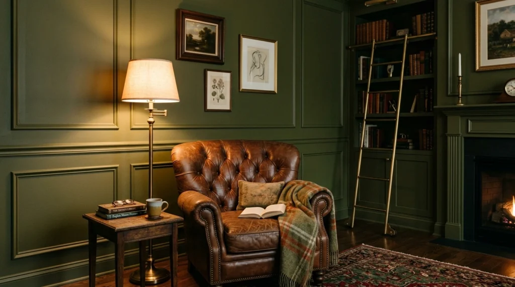 15. Moody Olive Green Wall with Classic Picture Frame Molding