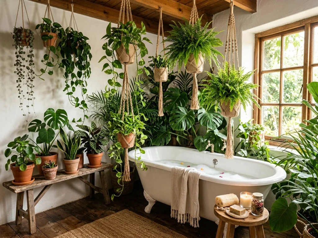 15. Bohemian Styled Tub with Hanging Plants