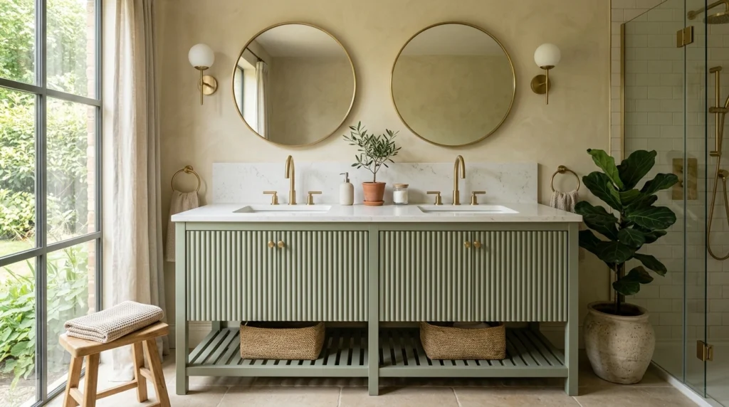 15. The Soft Sage Green & Reeded Wood Vanity