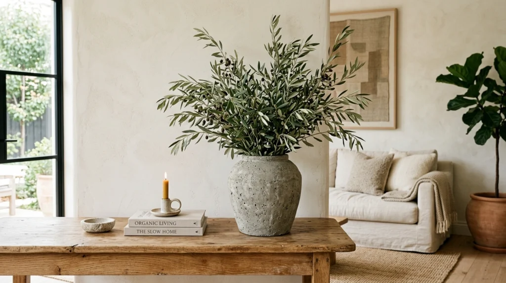 16. Warm Olive Branches in Textured Concrete Vases