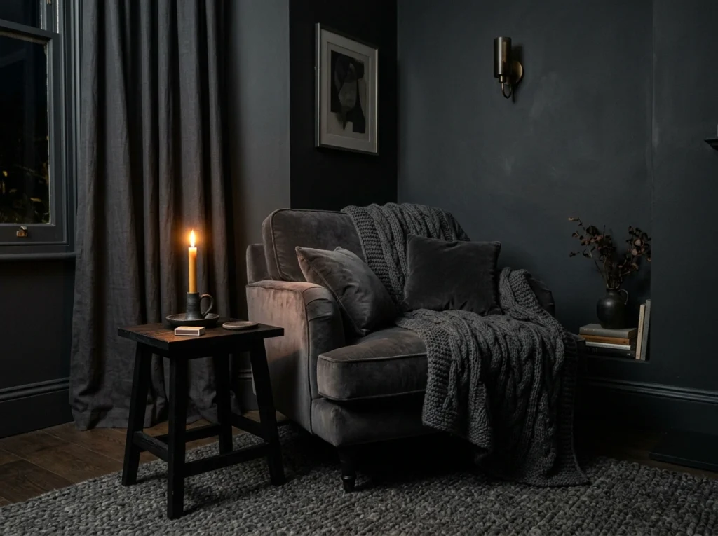 16. The Moody Monochromatic Charcoal Corner with Layered Textures