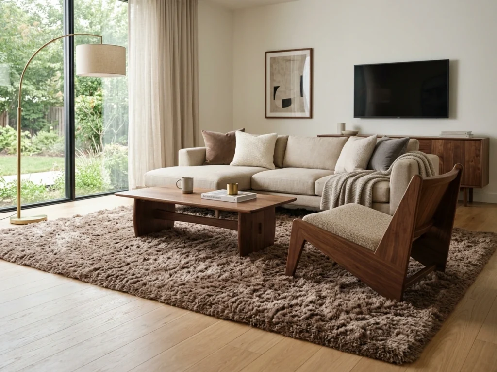 16. Plush Mink Shag Rug with Minimalist Furniture