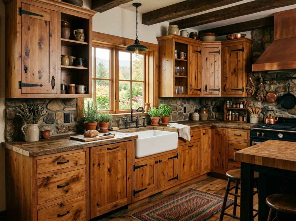 16. Knotty Alder Cabinets with Exposed Black Iron Hardware