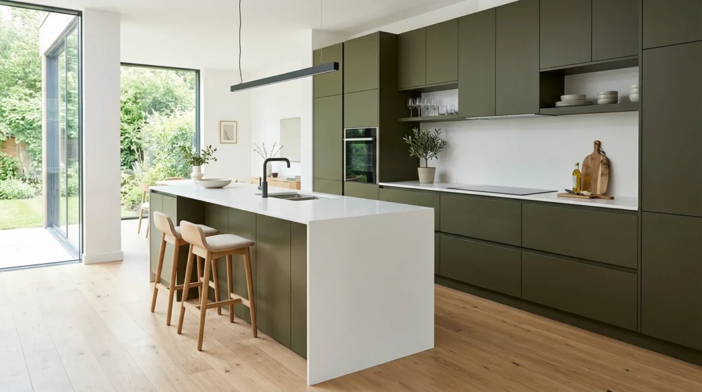 17. Dark Olive Green European Flat-Panel Cabinets
