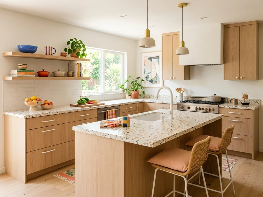 17. Bleached Oak Cabinets with Playful Terrazzo Countertops