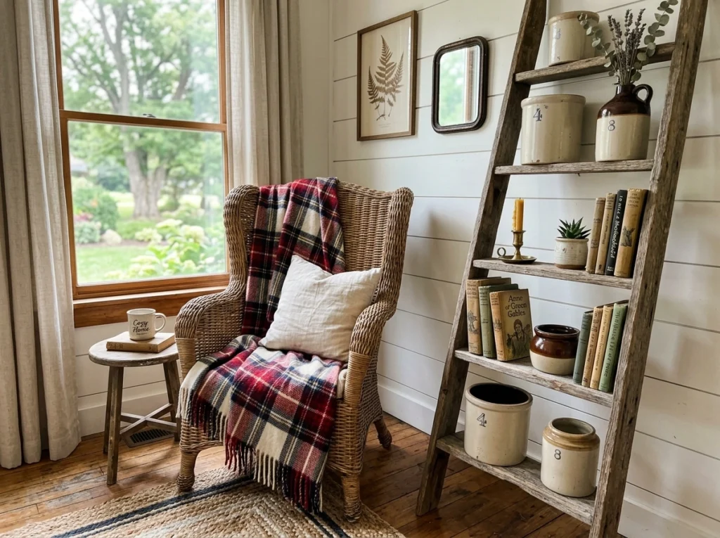 18. The Modern Farmhouse Ladder Shelf & Woven Wingback Chair