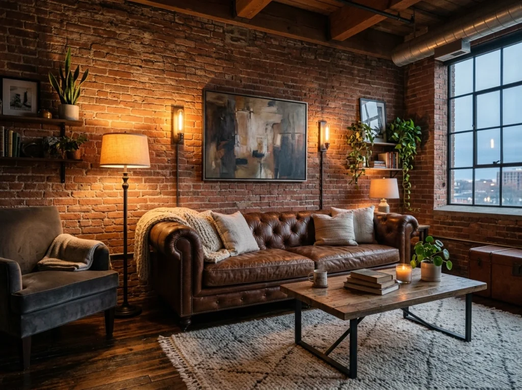 18. Distressed Brick and Leather Lounge