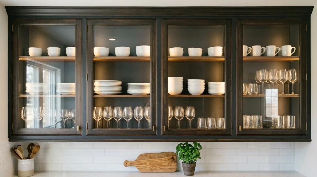 Glass-Front Display Cabinets with Dark Contrasting Backing