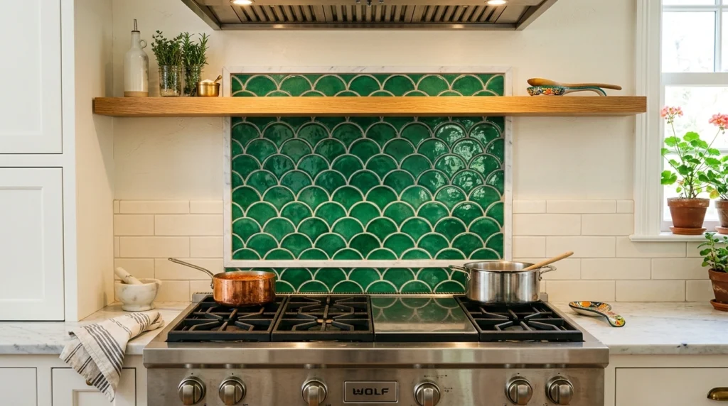18. Emerald Green Scalloped Accent Tiles Behind the Range