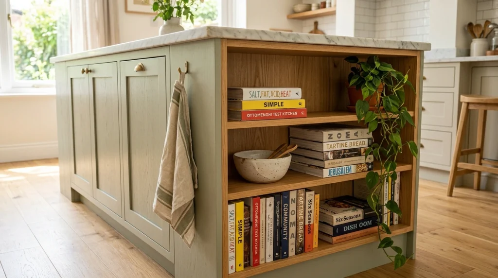 18. An Oversized Prep Island with Open Bookcase Storage