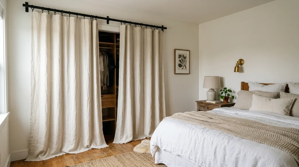 18. Soft Linen Drapes Instead of Wardrobe Doors