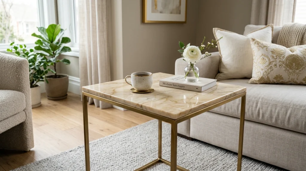19. Polished Marble & Warm Brass Tables