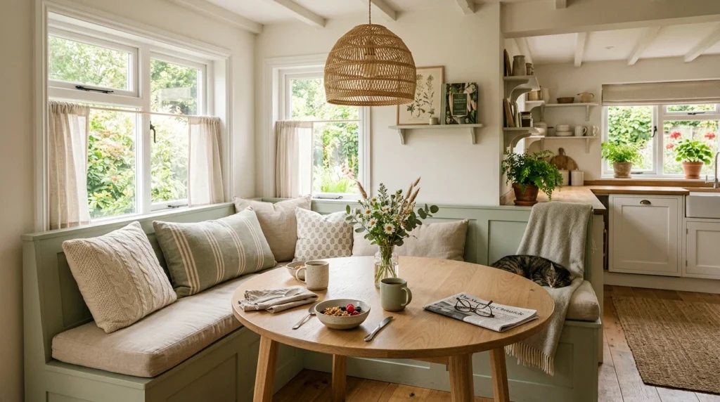 19. Dusty Sage Green Breakfast Nook with Linen Cushions
