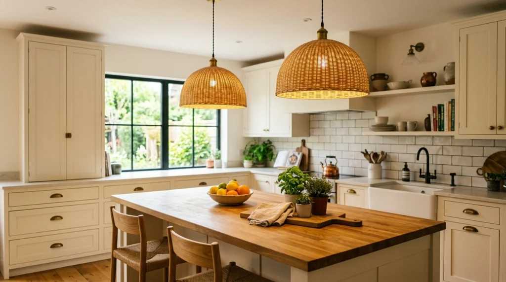 19. Statement Pendant Lighting in Rattan, Clay, or Warm Glass