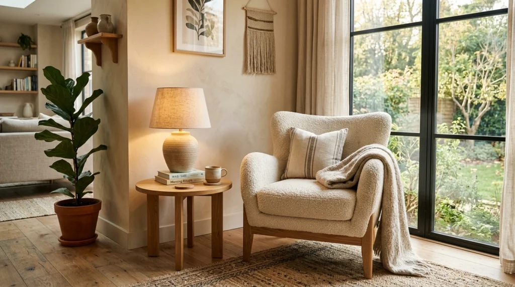 1. The Bouclé Accent Chair and Warm Oak Combination