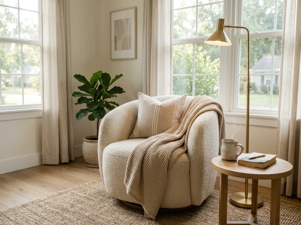 1. The Cream Bouclé Swivel Chair & Matte Brass Reading Lamp