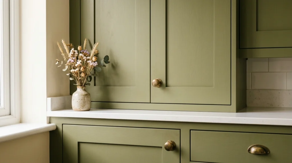 1. Flat-Panel Shaker Cabinets in Muted Olive