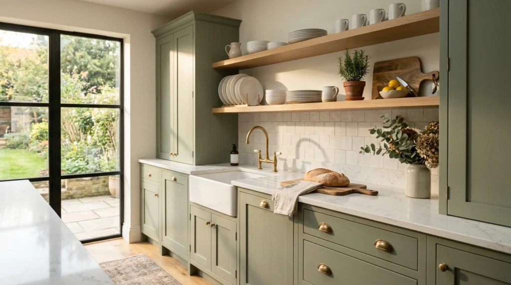 1. Soft Sage Cabinets with Warm Oak Accents