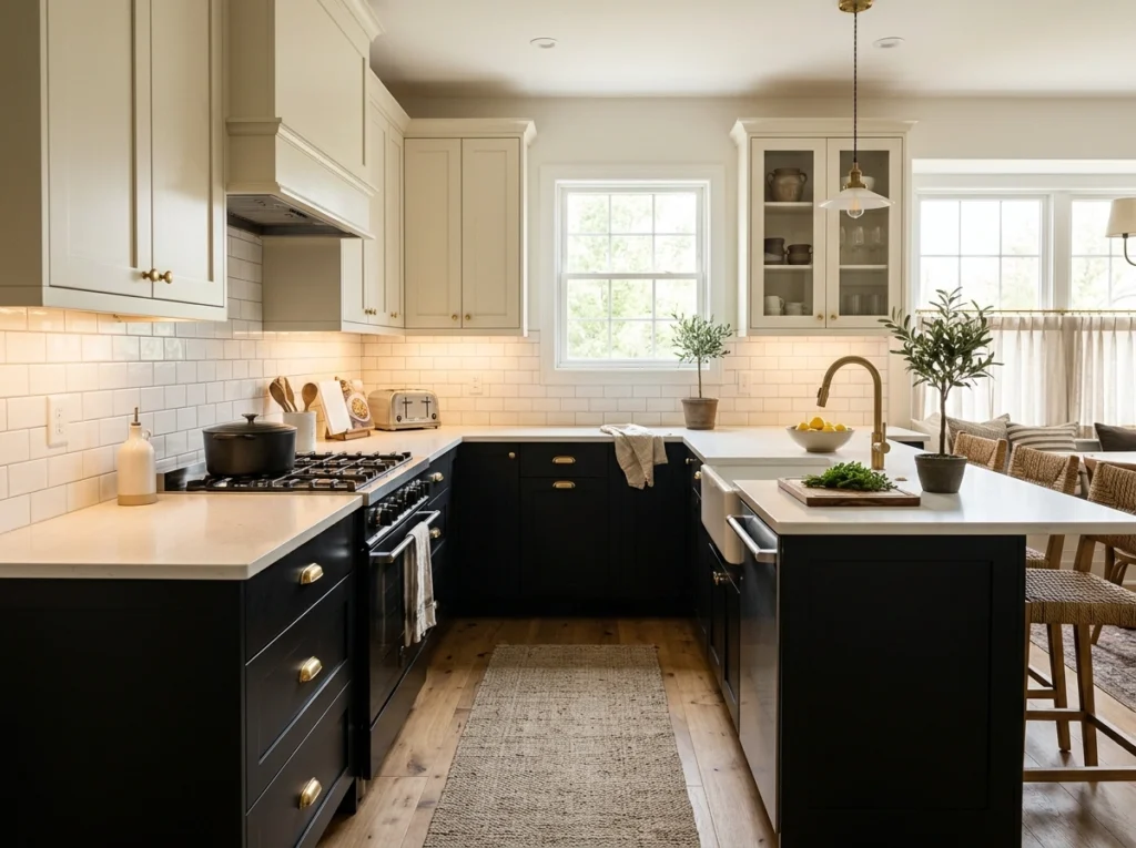 1. The Classic Tuxedo: Dark Lower Cabinets with Bright White Uppers