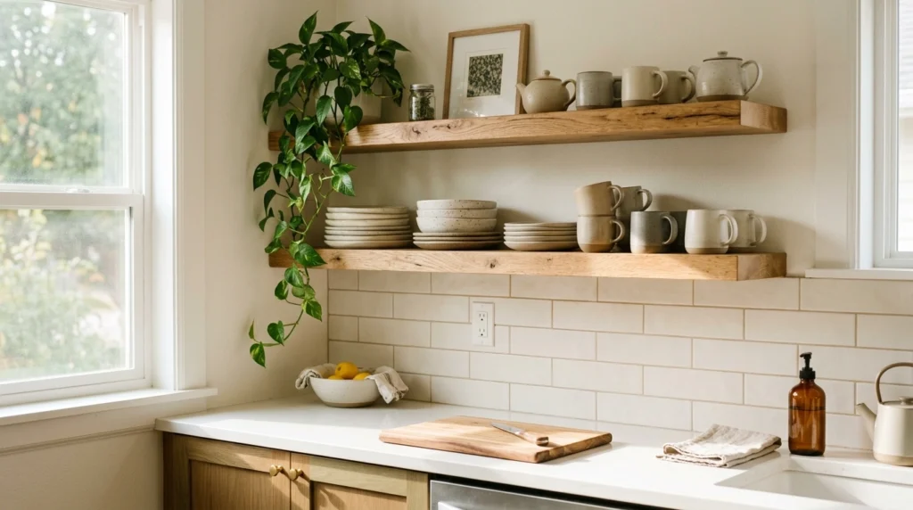 1. Ditching Upper Cabinets for Open Warm Wood Shelves