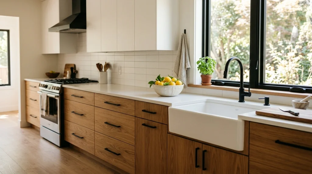 1. Warm White Oak Cabinets with Matte Black Details