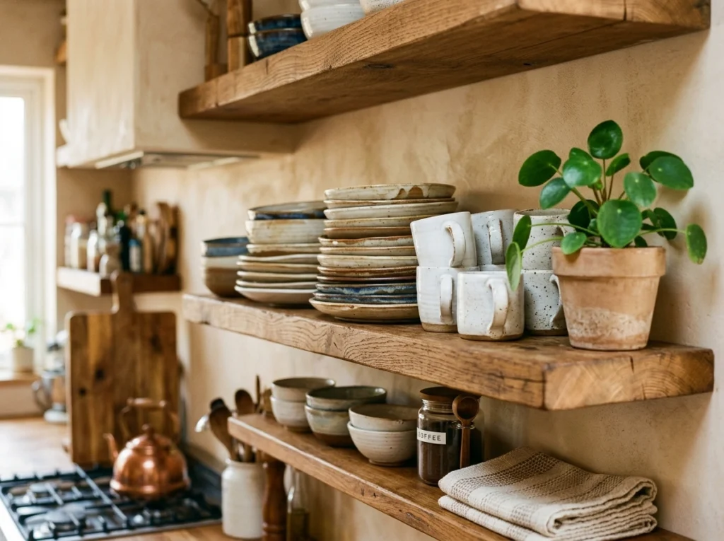 1. Warm Wood Open Shelving