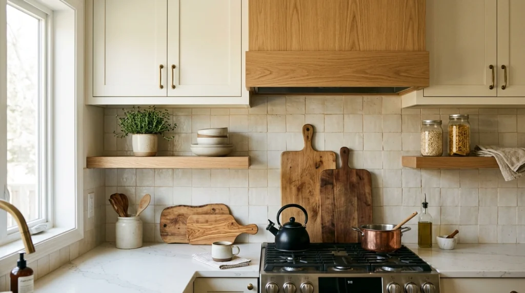1. Creamy White Cabinets with Warm Oak Accents