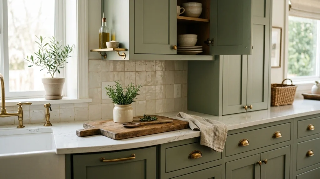 1. Muted Sage Cabinets with Warm Brass Hardware