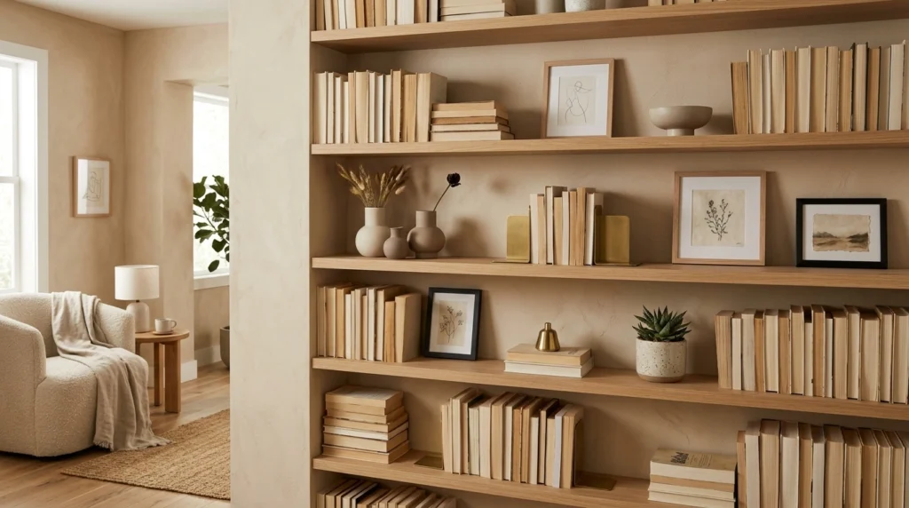 20. Thoughtfully Styled Bookcases with Neutral Spines