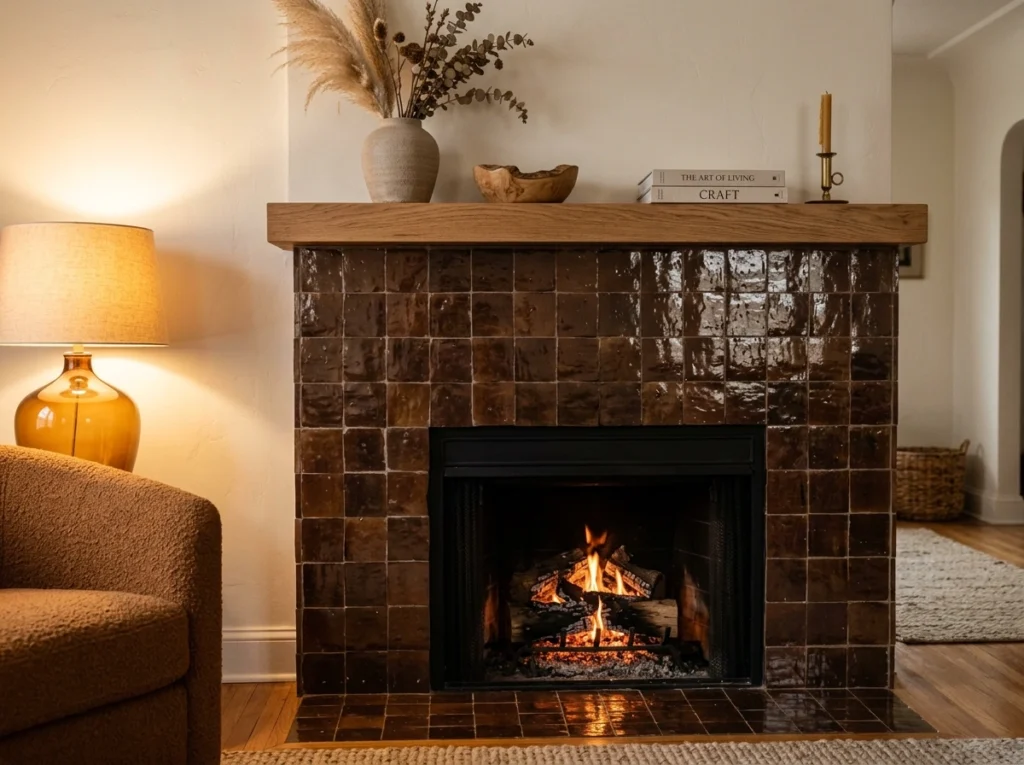 20. Textured Brown Zellige Tiles or Plaster Accent Wall