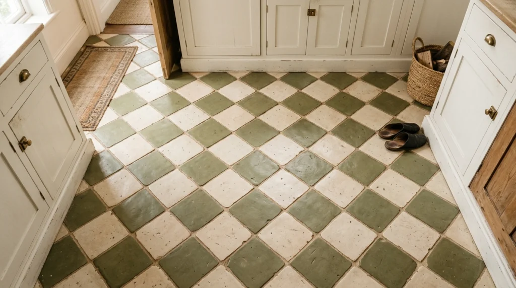 20. Earthy Olive Green and Cream Checkerboard Floor
