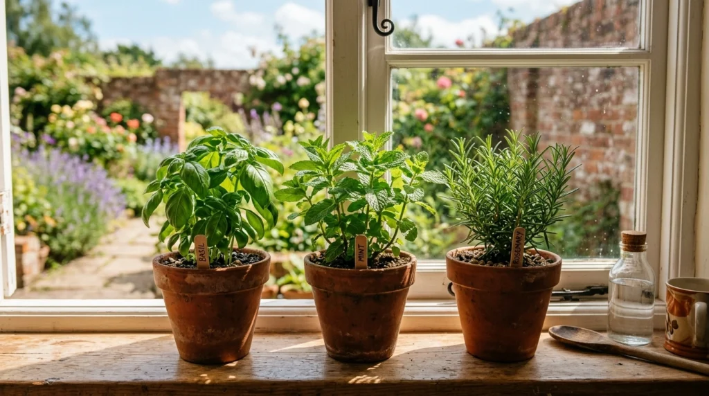 20. Herb Gardens on Windowsills with Matching Pots